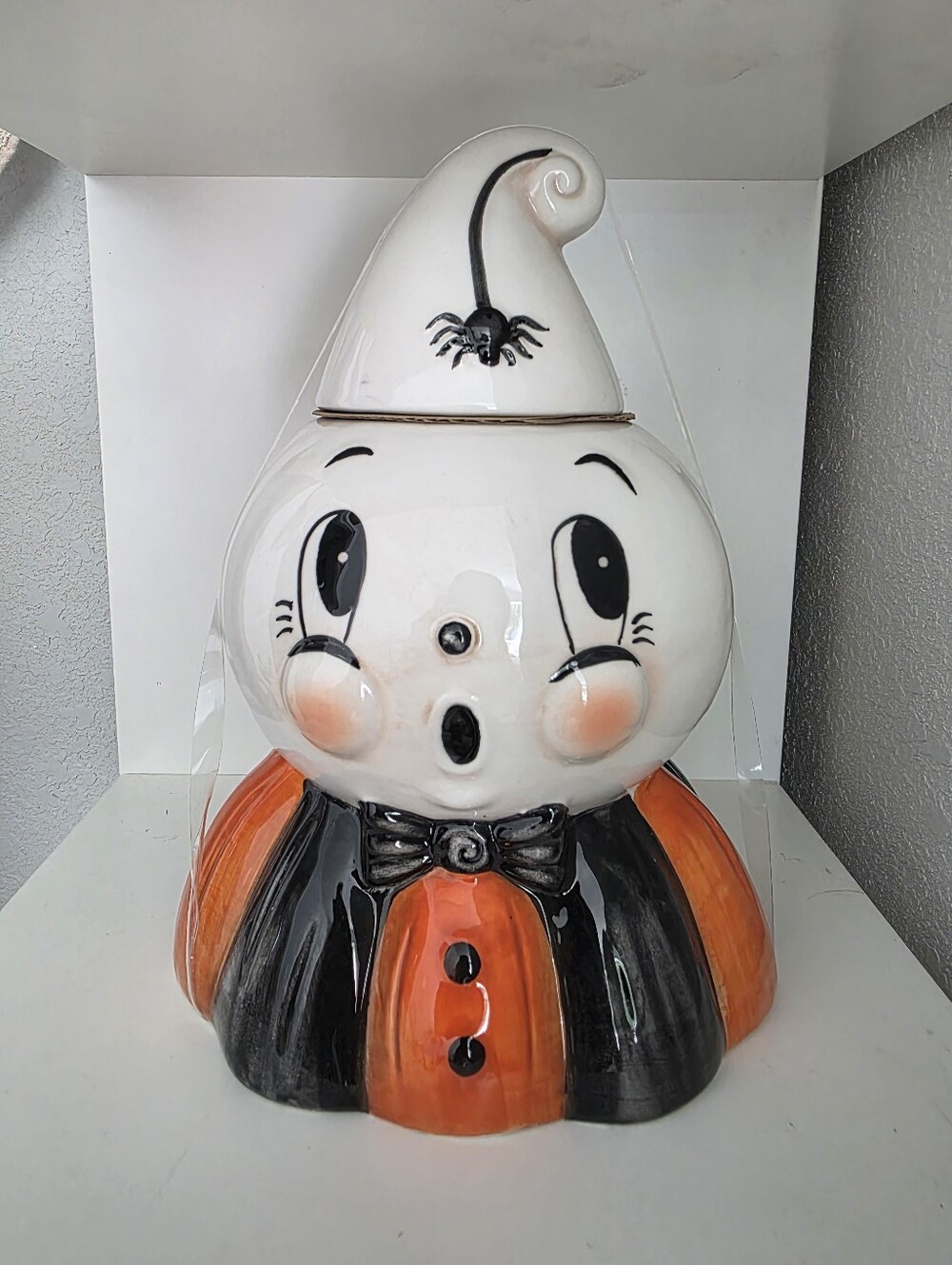 Halloween Ceramic Ghost Cookie Jar - White, Orange, Black